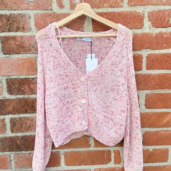New Zara Pink Speckled Knit Cropped Cardigan Jacket With Buttons